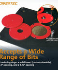 Built Tough 24 By 32 Inch Router Table Top And Heavy Duty Workstand with adjustable red reducing rings for bit sizes.