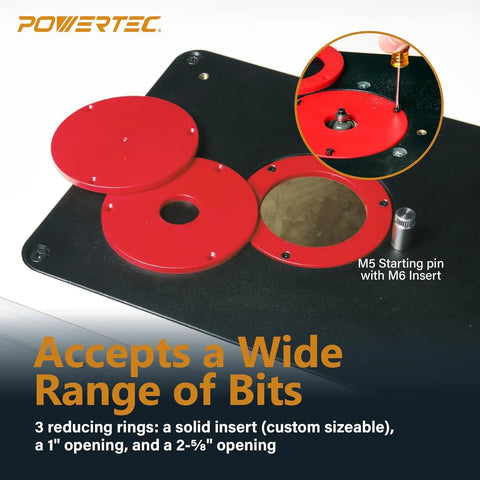 Built Tough 24 By 32 Inch Router Table Top And Heavy Duty Workstand with adjustable red reducing rings for bit sizes.