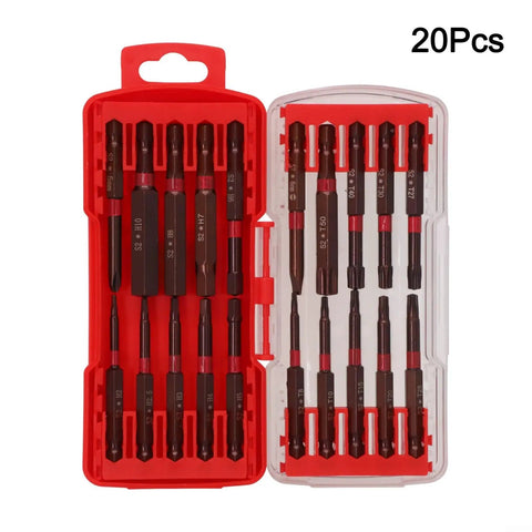 Top Notch 20-Piece Screwdriver Bits Set With Storage Box Featuring Magnetic Drill Bit Holder Kit For Torx Star Hex And Slotted Flat Head Driver Assortment Built To Last Heavy Duty Metal Construction Perfect For Any Handyman Job. 20-piece bit set in red storage box