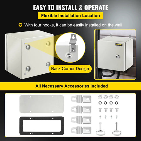 Heavy Duty One Point Five Millimeter Steel NEMA 4X IP66 Electrical Enclosure Box Eight By Eight By Six Inches With Mounting Plate waterproof wall-mounted enclosure and accessories