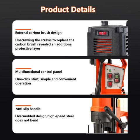 Heavy Duty 1.4 Inch Magnetic Core Drill Press For Metal With Variable Speed Control Up To 580 Rpm control panel and carbon brush details