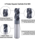 Carbide Square End Mill Bit, 4 Flute, 5/8 Inch Diameter, AlTiN Coated, ideal for alloy and hardened steels, shown with annotations.