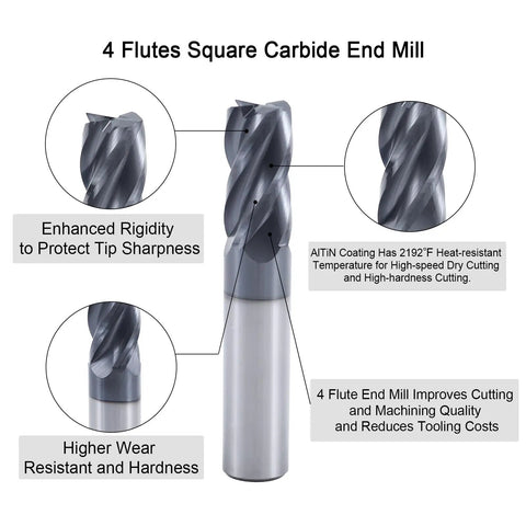 Carbide Square End Mill Bit, 4 Flute, 5/8 Inch Diameter, AlTiN Coated, ideal for alloy and hardened steels, shown with annotations.
