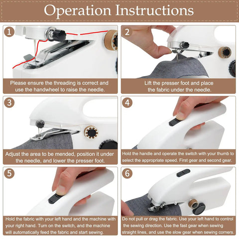 Instructions for using Portable Handheld Sewing Machine Kit For Beginners And Adults with steps and diagrams
