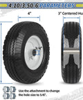 Flat Free Tire And Wheel 4.10 3.50 6 Size For Wheelbarrow And Hand Truck, 12 Inch Diameter By 4 Inch Width, Side and Front View