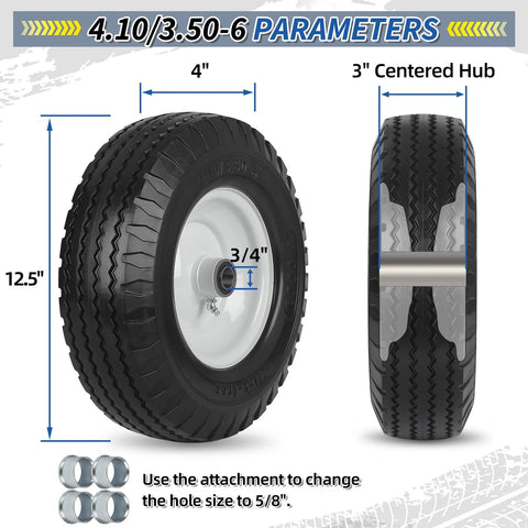 Flat Free Tire And Wheel 4.10 3.50 6 Size For Wheelbarrow And Hand Truck, 12 Inch Diameter By 4 Inch Width, Side and Front View