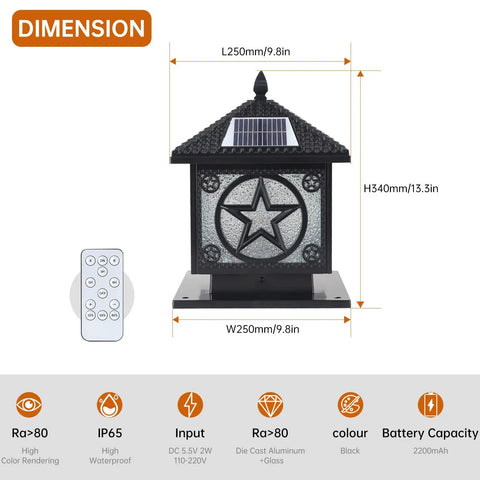 Outdoor Solar Post Light With Glass Lampshade Waterproof Pillar Lamp dimensions and features illustration