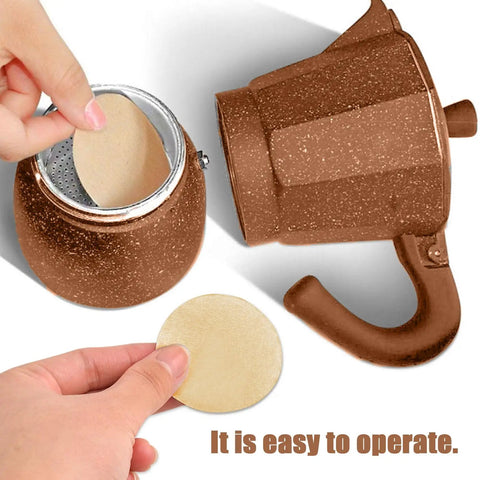 Hand placing Round 56mm Disposable Coffee Filter Paper into a moka pot
