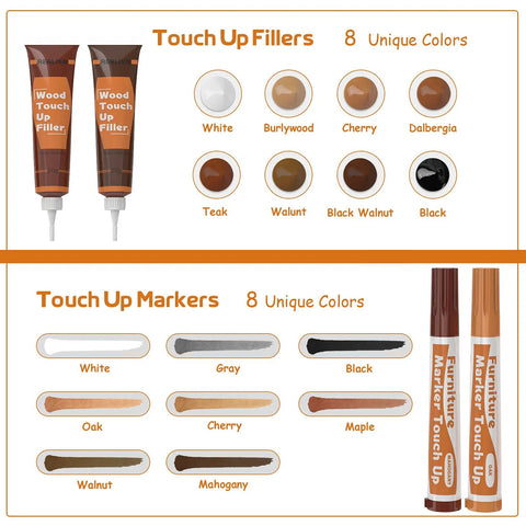 Premium Badass Wood Furniture Repair Kit That Straight Up Fixes Scratches Chips And Cracks On Floors And Cabinets With Eight Dark Wood Fillers And Markers Fast, featuring 8 color fillers and markers.
