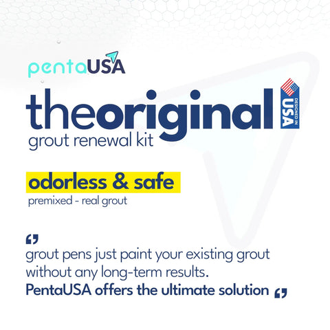 PentaUSA original grout renewal kit advertisement featuring odorless and safe premixed real grout solution with promises of ultimate results.