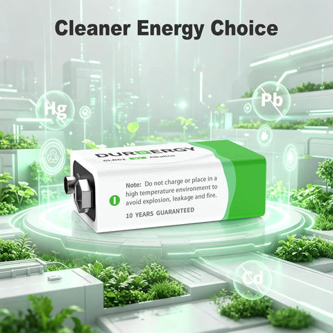 Heavy Duty 9 Volt Alkaline Batteries 8 Pack With Ten Year Shelf Life Leak Proof Design solid reliable power displayed in a green eco-friendly setting.
