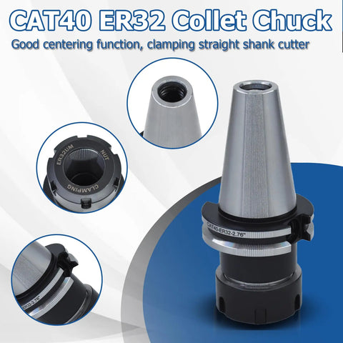 CAT40 ER32 Collet Chuck 2.76 Inch Gage Length showing tool holder with clamping detail for CNC engraving machine and milling lathe.