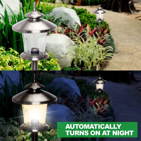 Low Voltage Outdoor Path Lights Set For Walkways And Gardens, Modern Luxury Stake Lights at day and night in garden
