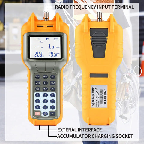 Front and back view of Beefy Coax Cable Tracer And CATV Tester, handheld with digital display, buttons, and connectors.