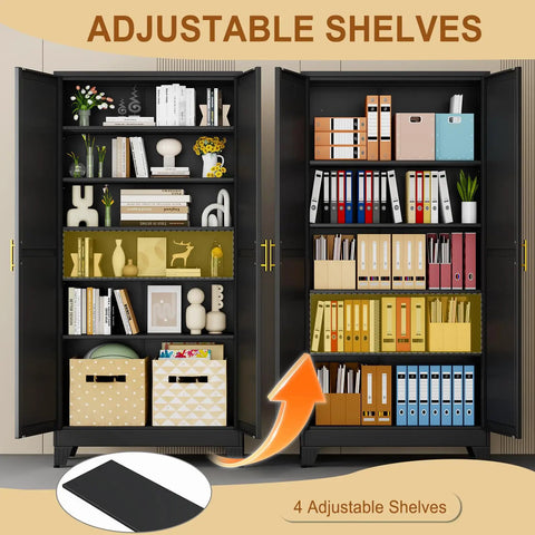 Tall Black Metal Storage Cabinet With Two Doors And Five Adjustable Shelves For Garage And Workshop, Heavy Duty Steel Tool Closet For Home Office Kitchen Pantry File Storage showing adjustable shelves and stored office files