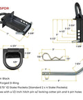 Diagram of 4 Pack 5 Eighths Inch Stake Pocket D Rings For Trailers And Flatbeds Heavy Duty Adjustable Tie Down Anchors With Hitch Pin 4 Holes For Height Adjustment 18000 Lbs Total Capacity showing dimensions and components.