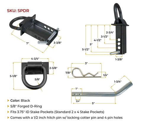 Diagram of 4 Pack 5 Eighths Inch Stake Pocket D Rings For Trailers And Flatbeds Heavy Duty Adjustable Tie Down Anchors With Hitch Pin 4 Holes For Height Adjustment 18000 Lbs Total Capacity showing dimensions and components.