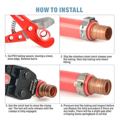Heavy Duty PEX Clamp Cinch Tool for Three Eighths Inch To One Inch Stainless Steel Clamps Meets ASTM F2098 with Built In PEX Pipe Cutter and installation steps
