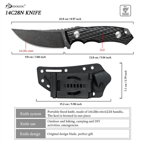 Fixed Blade Knife With 14C28N Stainless Steel, Beefy Tactical EDC For Outdoor Camping And Survival shown with Kydex Sheath