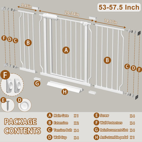 Package contents layout for extra wide baby gate with auto close for stairs and doorways, adjustable 53 to 57.5 inch wide, 30 inch tall metal gate