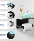 Matte Black Toilet Paper Holder With Shelf Fits Mega Rolls Self Adhesive Wall Mount Rustproof Stainless Steel for Bathroom