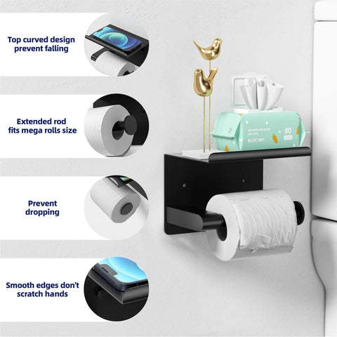 Matte Black Toilet Paper Holder With Shelf Fits Mega Rolls Self Adhesive Wall Mount Rustproof Stainless Steel for Bathroom