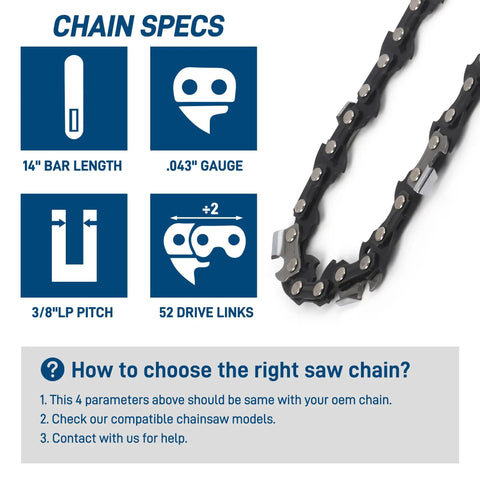 Three Eighths Inch Low Profile Fourteen Inch Chainsaw Chain In A Three Pack With Point Zero Four Three Inch Gauge And Fifty Two Drive Links, specs diagram.