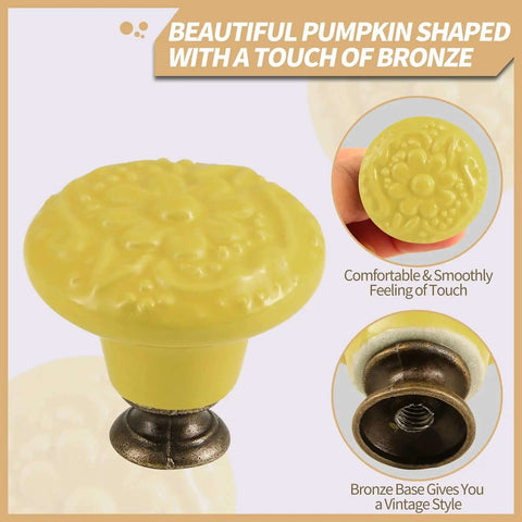 These Dang Charming Vintage Ceramic Cabinet Knobs Show Off A Sweet Embossed Floral Motif, 10 Pack Of Buttercup Yellow Drawer Handles For Kitchen Cupboards And Vanity Cabinets Easy Bolt On Upgrade, featuring a pumpkin-shaped design.