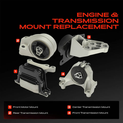Engine and transmission mount kit set of 4 for Chevy Equinox GMC Terrain, showing V6 mounts, steel and rubber construction.