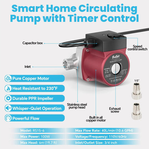 Heavy Duty 3 Speed Hot Water Recirculating Pump For Households Featuring Silent 110V Motor with copper core and rust-resistant housing.