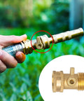 Solid Brass Garden Hose Shut Off Valve Set, Beefy Heavy Duty Three Quarter Inch, shown connected to hose in hand, leak proof