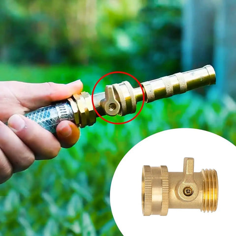 Solid Brass Garden Hose Shut Off Valve Set, Beefy Heavy Duty Three Quarter Inch, shown connected to hose in hand, leak proof