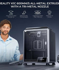 K1C 3D Printer with Crazy Fast CoreXY System at 600mm/s, featuring clog-free extruder and AI camera, alongside smiling man