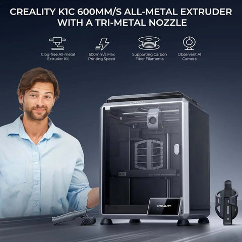 K1C 3D Printer with Crazy Fast CoreXY System at 600mm/s, featuring clog-free extruder and AI camera, alongside smiling man