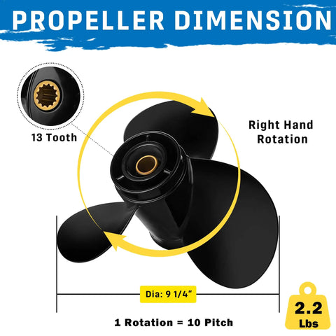 Diagram showing Drop In Nine Point Two Five Inch Diameter Ten Pitch Aluminum Outboard Propeller With Thirteen Spline Right Hand Rotation