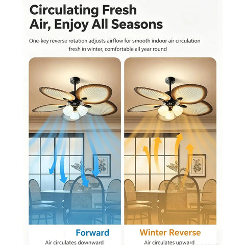 YPDJVLTI 45-52Inch Ceiling Fans Lights Ceiling Lamp showing airflow directions in winter reverse and forward settings.