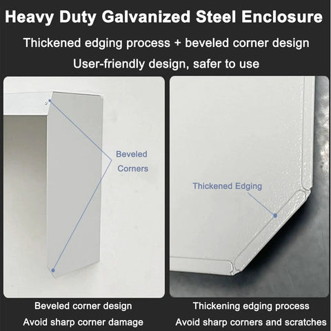Close-up of Heavy Duty Galvanized Steel Enclosure highlighting beveled corners and thickened edging for added safety.