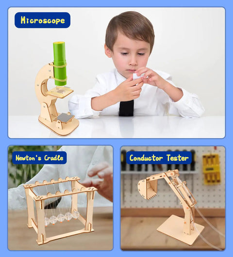 Child using Six In One STEM Kit For Kids With Hands On Experiments Like Hydraulic Excavator Newtons Cradle Space Model Conductor Tester