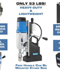 Heavy Duty Portable Magnetic Drill Press With Four Gear Speeds And Hardcore Drilling Power For No Sweat Job Site Work Up To Three Inch Holes And Ten Inch Stroke On Steel Plates with 3/4" Jacobs chuck and ergonomic controls.