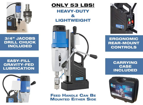 Heavy Duty Portable Magnetic Drill Press With Four Gear Speeds And Hardcore Drilling Power For No Sweat Job Site Work Up To Three Inch Holes And Ten Inch Stroke On Steel Plates with 3/4" Jacobs chuck and ergonomic controls.