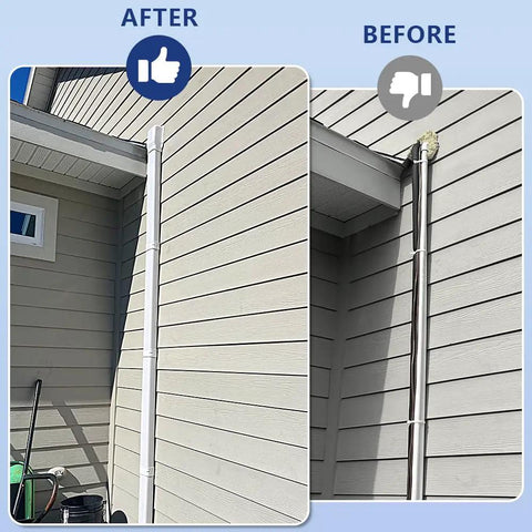 Comparison of before and after using 4 Inch Decorative PVC Line Cover Kit for Mini Split Air Conditioning and Heat Pump Systems, 14 Ft Long.