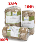 Three rolls of natural jute twine, 328 ft, 164 ft, and 100 ft lengths, showcasing the Rugged 5mm Natural Jute Twine Heavy Duty Rope.
