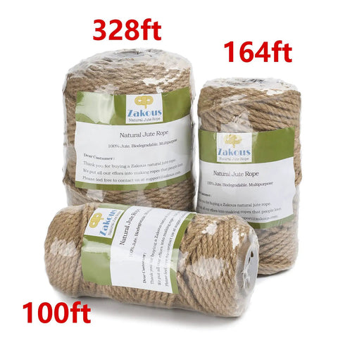 Three rolls of natural jute twine, 328 ft, 164 ft, and 100 ft lengths, showcasing the Rugged 5mm Natural Jute Twine Heavy Duty Rope.