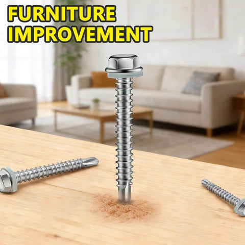 Self Drilling Screws For Metal With Hex Washer Head, Size Eight By One And A Half Inches, 410 Stainless Steel Magnetic Built Tough Heavy Duty High Strength Self Tapping Tek Screws For HVAC Roofing Wood To Steel With Waterproof Washers shown in a furniture setting.