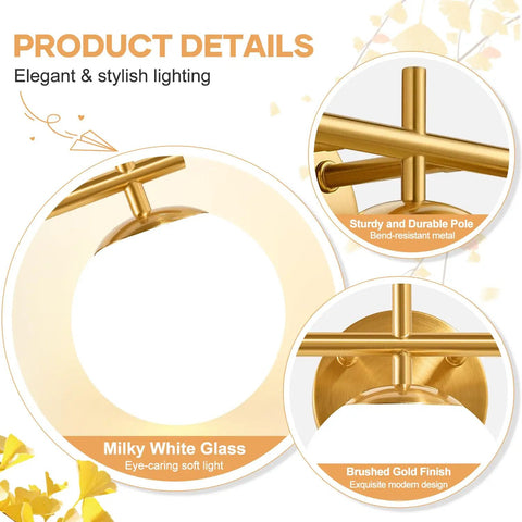 Next Level Three Light Bathroom Vanity Lights In Brushed Gold Finish With Milky White Glass Globe Shades Modern Wall Sconce Over Mirror details of sturdy pole and glass shades