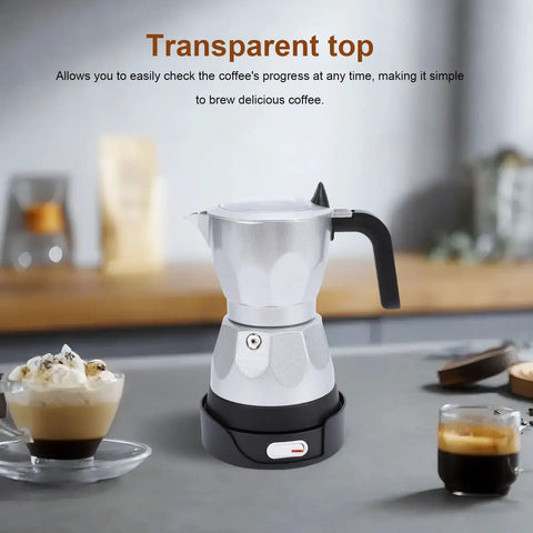 Electric Moka Pot 3 Cup Aluminum Coffee Maker With Detachable Base on a kitchen counter, transparent lid, front view.