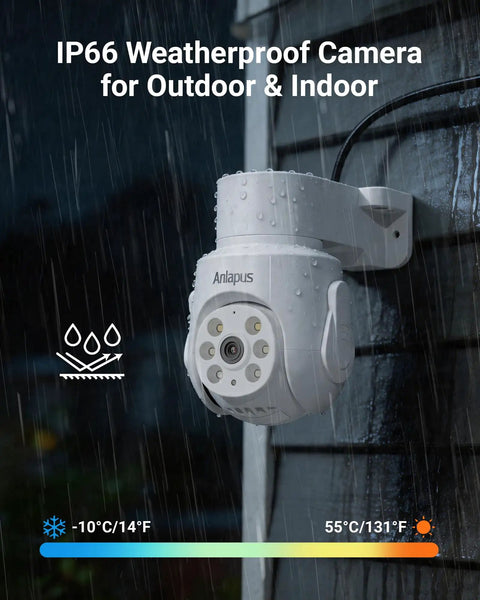 Ace Out Tighter Site Watch With This Wired Pan Tilt Security Camera for indoor outdoor use, IP66 weatherproof, mounted on wall in rain.