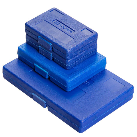 Stack of four blue plastic tool cases with latches, housing a four-piece machinist square set