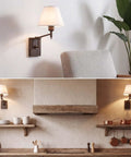 YS.ESUDSI Swing Arm Vintage Wall Sconces with White Fabric Shade Hardwired, adjustable fabric shade lamp in living and kitchen settings.