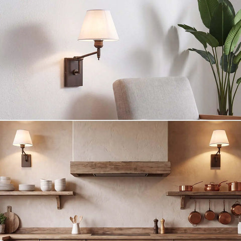 YS.ESUDSI Swing Arm Vintage Wall Sconces with White Fabric Shade Hardwired, adjustable fabric shade lamp in living and kitchen settings.